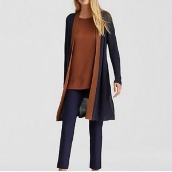 Eileen Fisher Contrast-Trim Side-Slit Open Front Long Cardigan XL - Picture 2 of 8